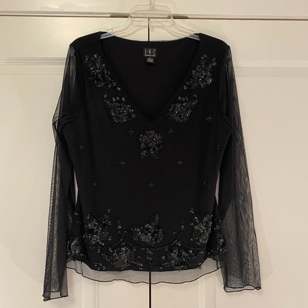 INC International Concepts Black Top w/Sequin Applique, Sheer Sleeves, Size XL